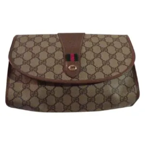 Gucci Vintage Purses Brown Leather And Gg Leather Clutch