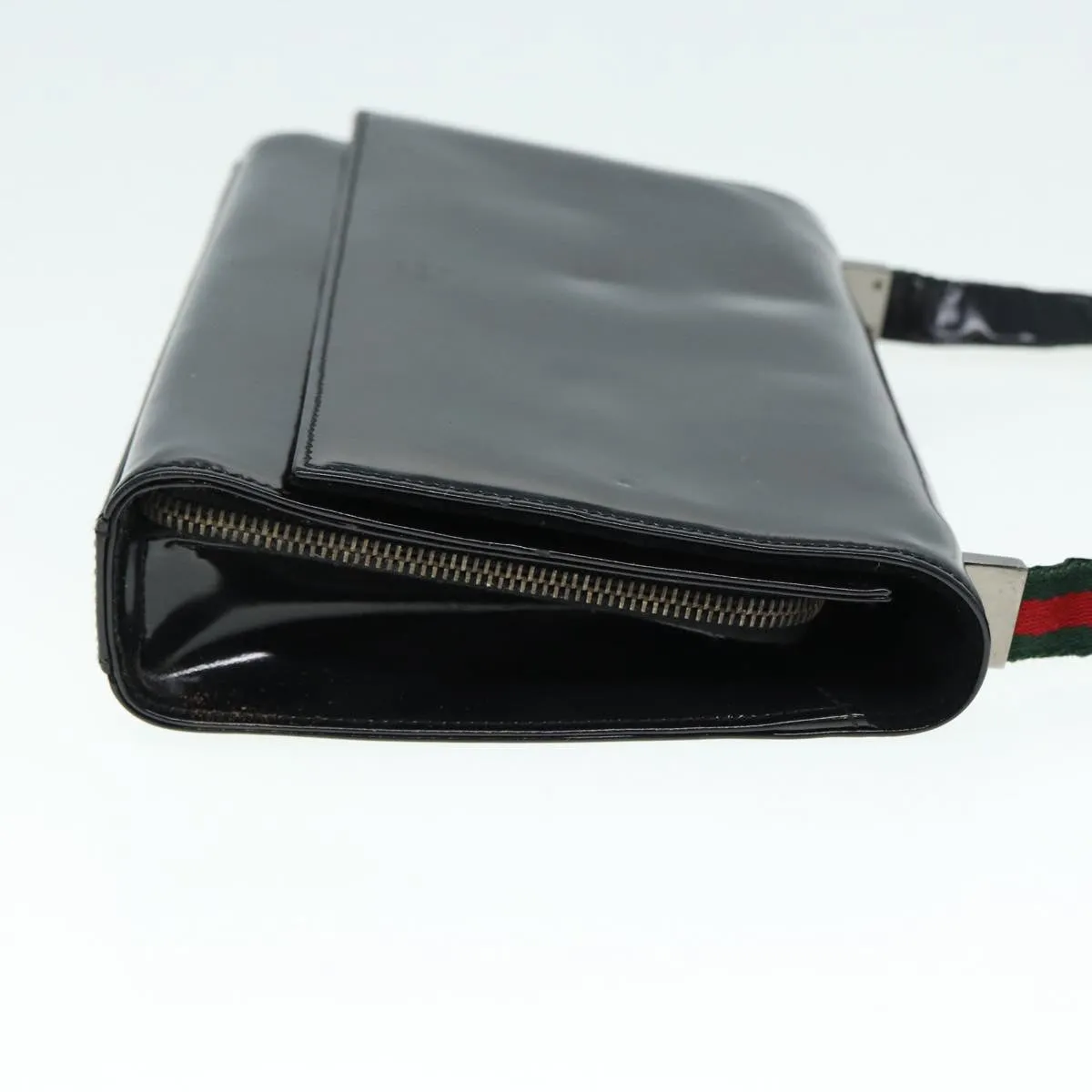 GUCCI Web Sherry Line Shoulder Bag Patent Leather Black Red 0013248 Auth yk14343