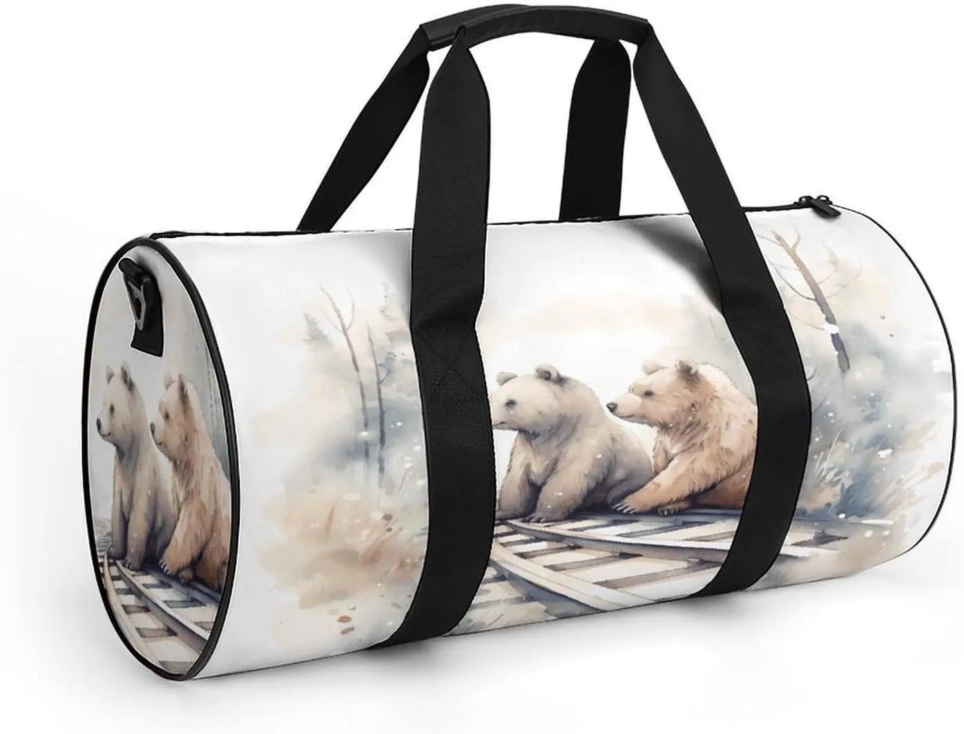 Gym Bag Men & Women Sport Gym Fitness Tote Cylindrical Bear on Train Tracks Printed Waterproof Shoulder