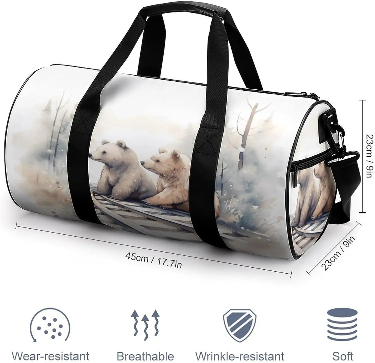 Gym Bag Men & Women Sport Gym Fitness Tote Cylindrical Bear on Train Tracks Printed Waterproof Shoulder