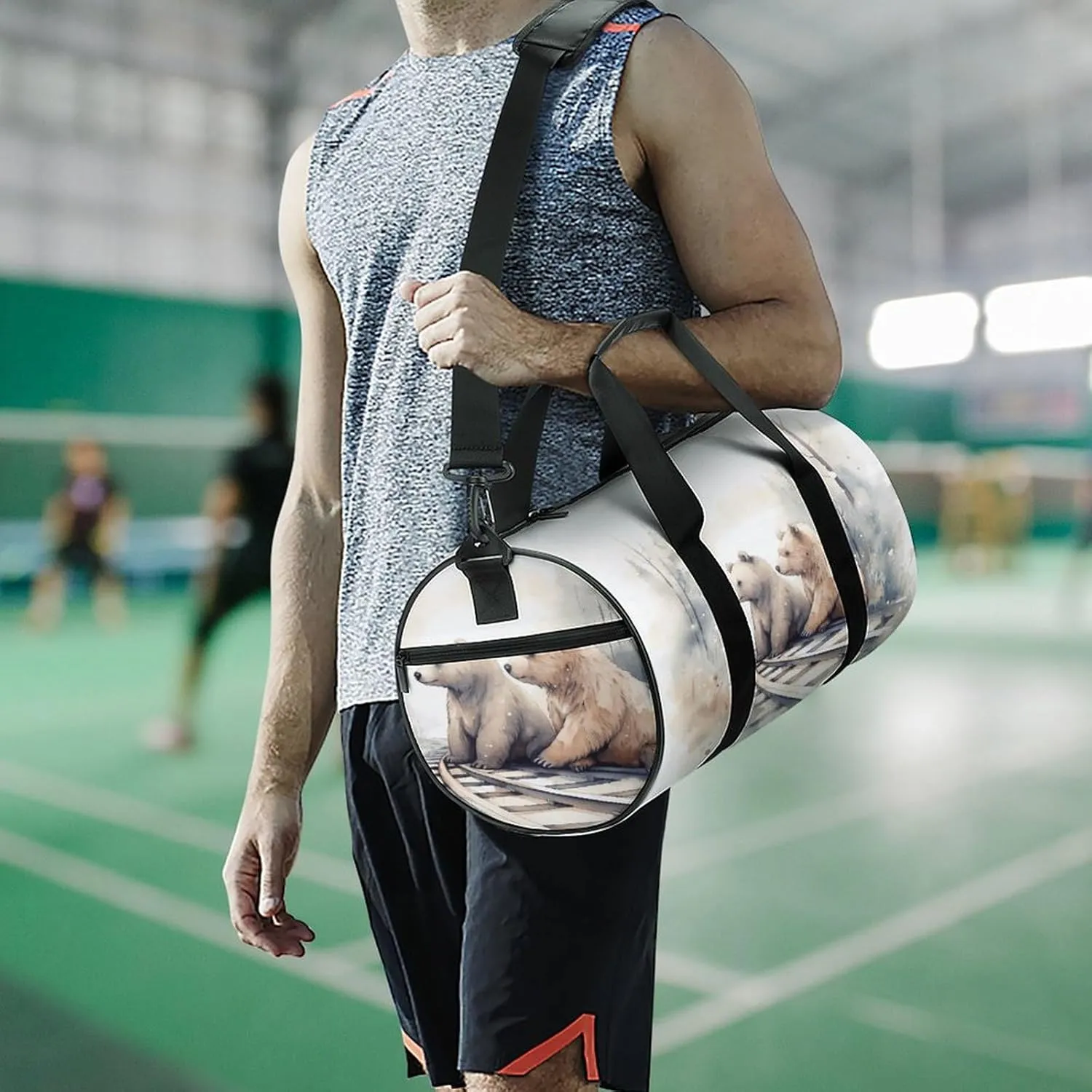 Gym Bag Men & Women Sport Gym Fitness Tote Cylindrical Bear on Train Tracks Printed Waterproof Shoulder