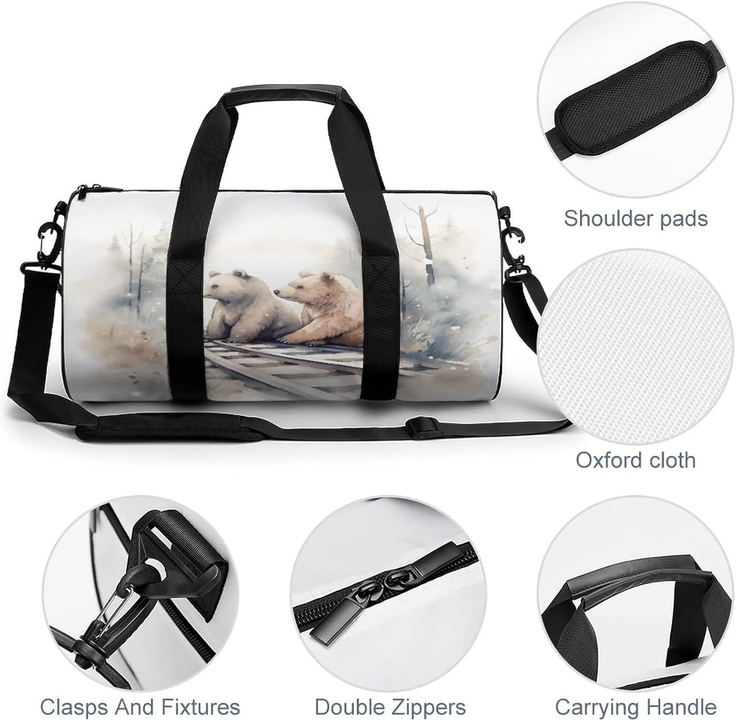 Gym Bag Men & Women Sport Gym Fitness Tote Cylindrical Bear on Train Tracks Printed Waterproof Shoulder