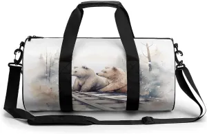 Gym Bag Men & Women Sport Gym Fitness Tote Cylindrical Bear on Train Tracks Printed Waterproof Shoulder