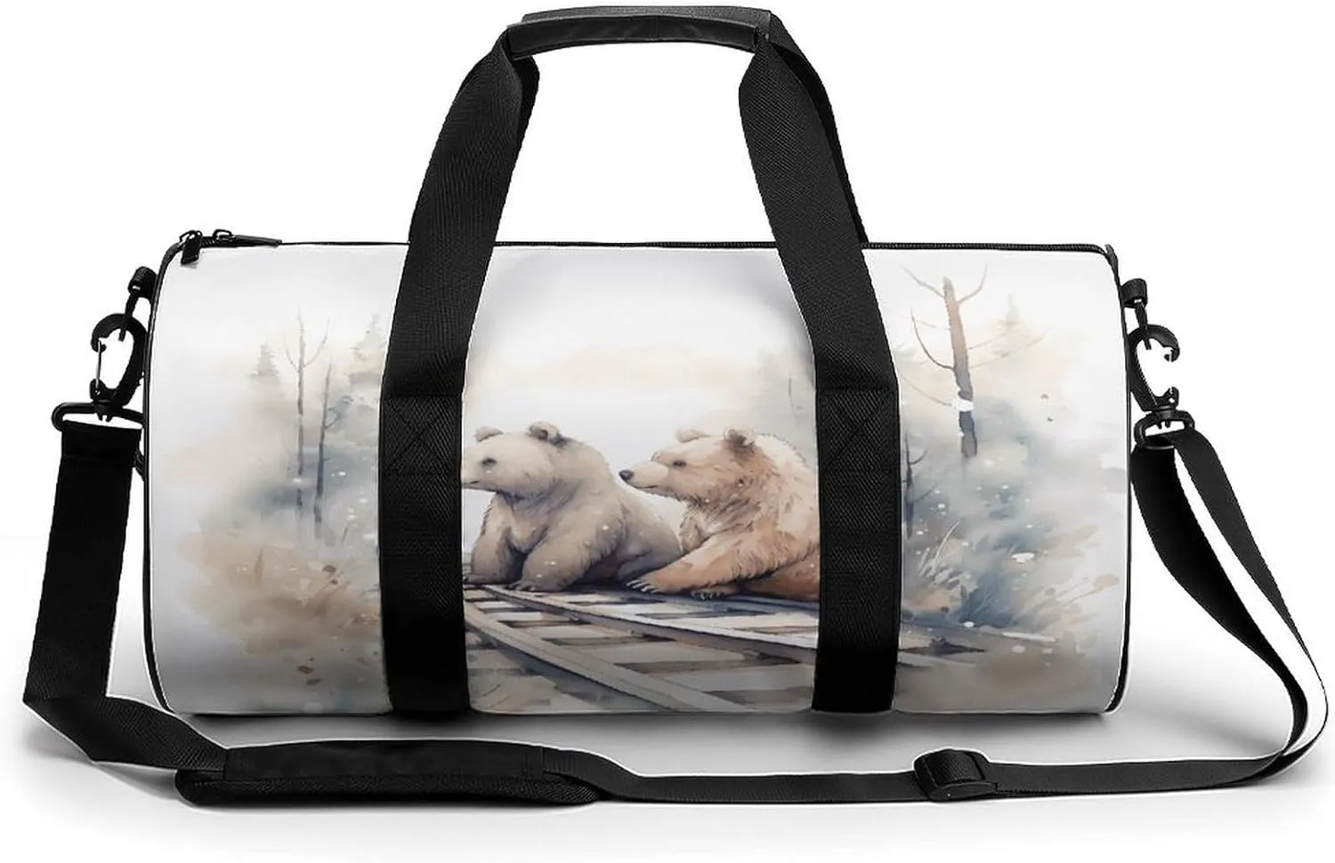 Gym Bag Men & Women Sport Gym Fitness Tote Cylindrical Bear on Train Tracks Printed Waterproof Shoulder