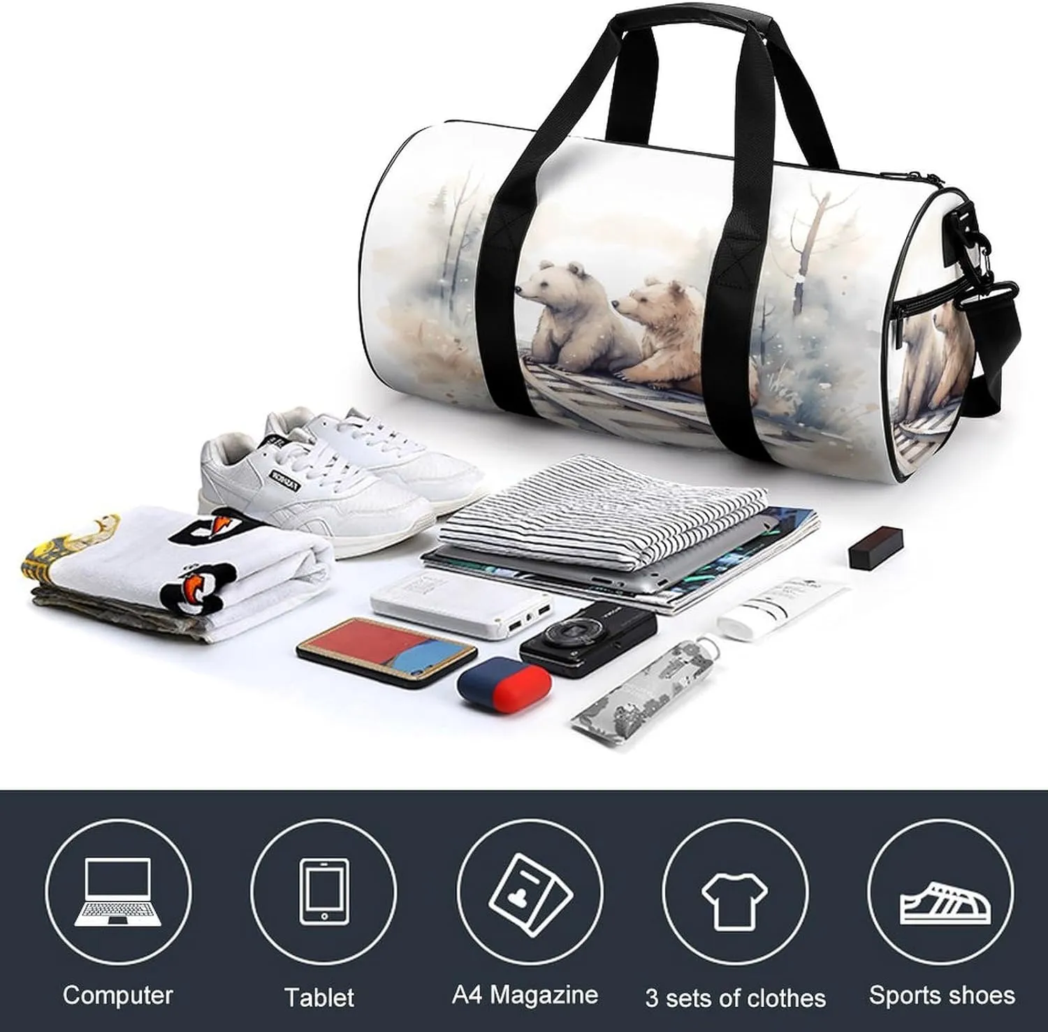 Gym Bag Men & Women Sport Gym Fitness Tote Cylindrical Bear on Train Tracks Printed Waterproof Shoulder