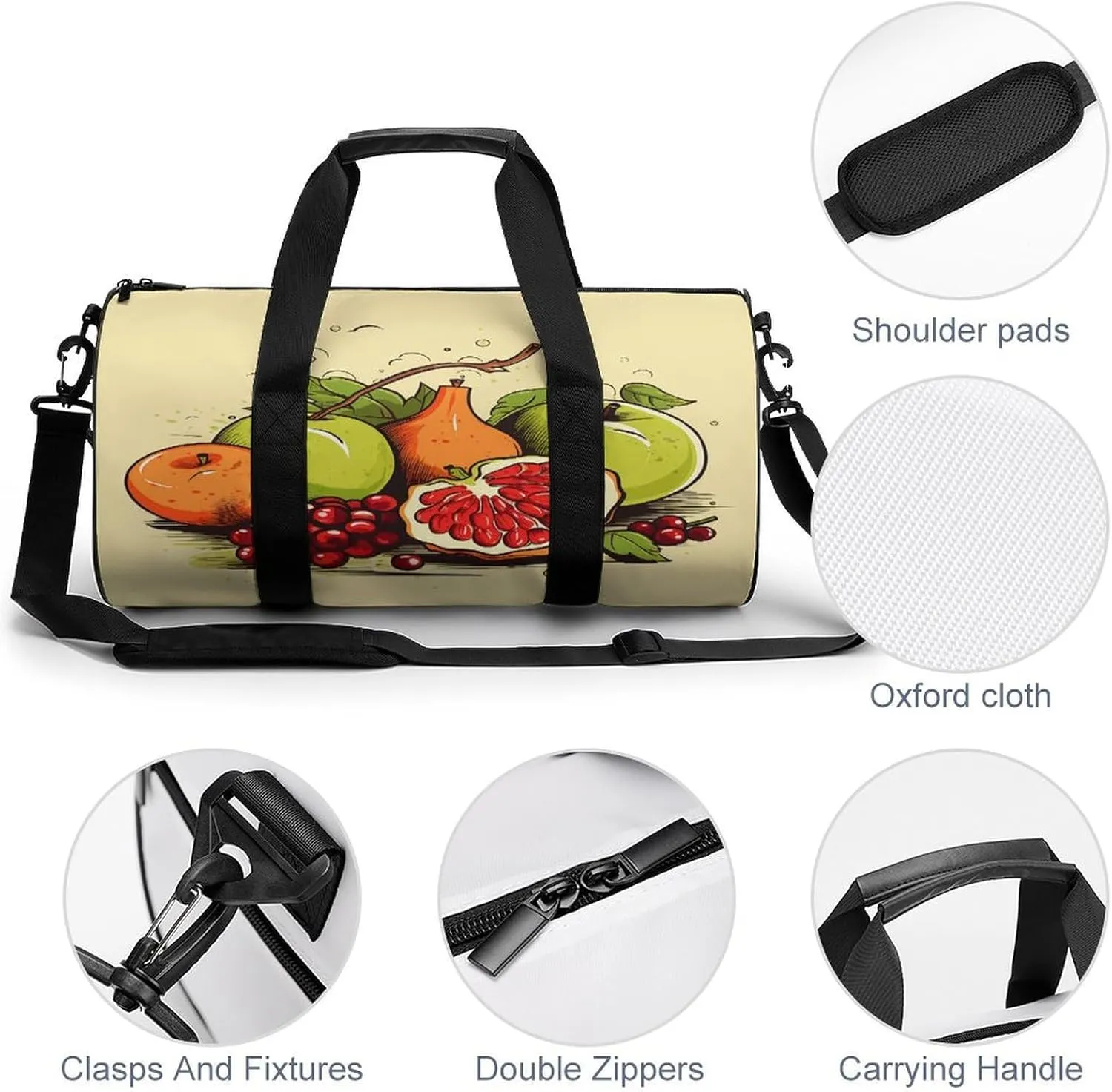 Gym Bag Men & Women Sport Gym Fitness Tote Cylindrical Fruit Painting Style Printed Waterproof Shoulder