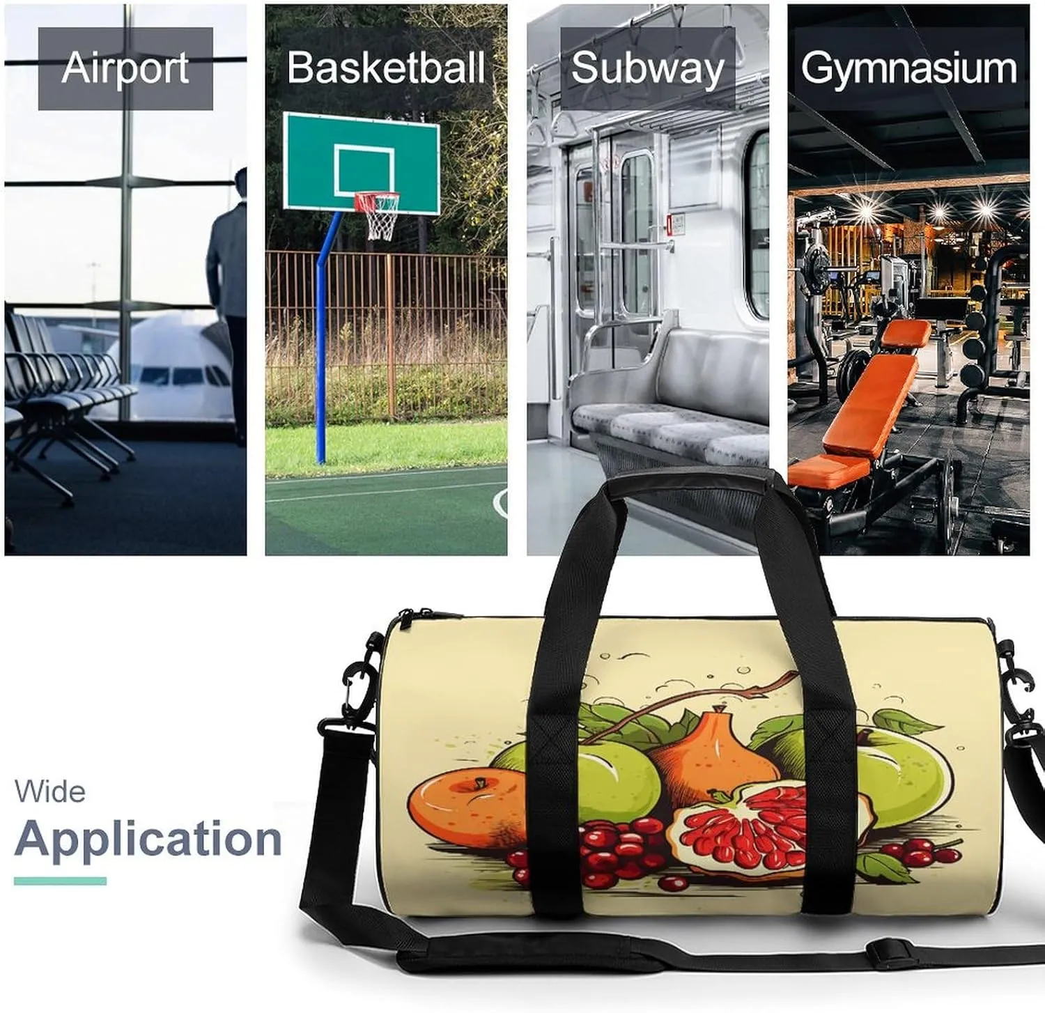 Gym Bag Men & Women Sport Gym Fitness Tote Cylindrical Fruit Painting Style Printed Waterproof Shoulder