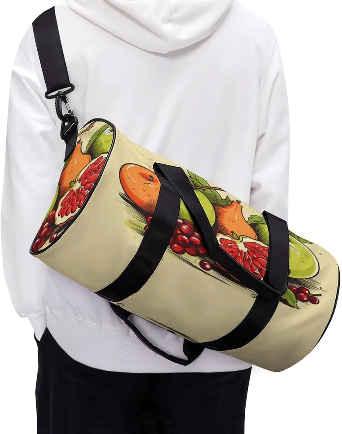 Gym Bag Men & Women Sport Gym Fitness Tote Cylindrical Fruit Painting Style Printed Waterproof Shoulder