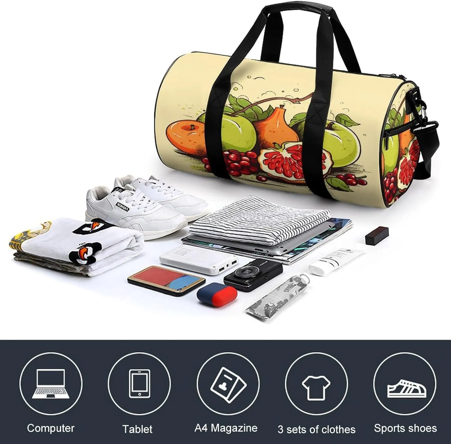 Gym Bag Men & Women Sport Gym Fitness Tote Cylindrical Fruit Painting Style Printed Waterproof Shoulder