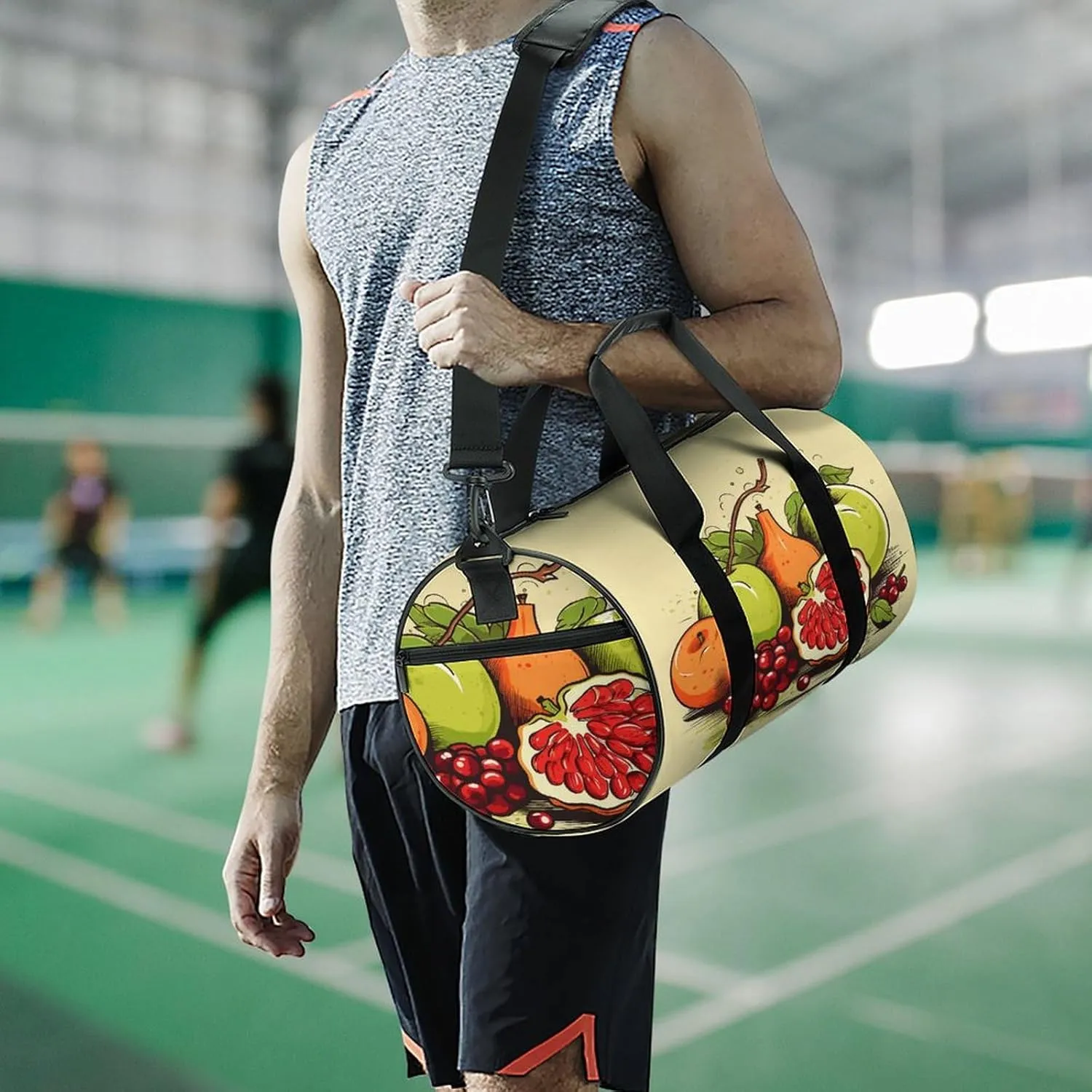 Gym Bag Men & Women Sport Gym Fitness Tote Cylindrical Fruit Painting Style Printed Waterproof Shoulder