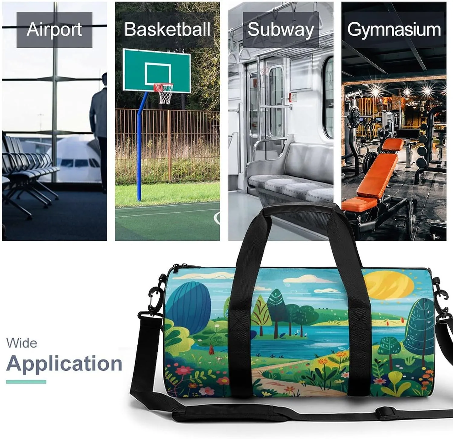 Gym Bag Men & Women Sport Gym Fitness Tote Cylindrical Rural Landscape Painting Printed Waterproof Shoulder