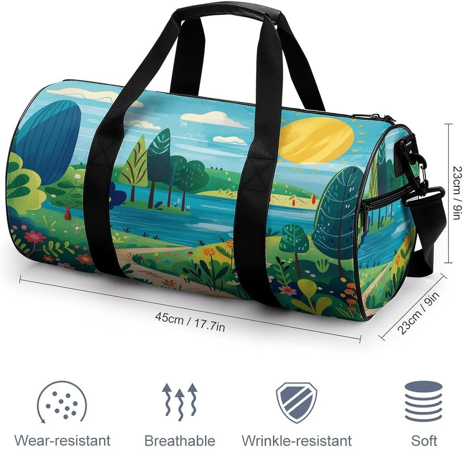 Gym Bag Men & Women Sport Gym Fitness Tote Cylindrical Rural Landscape Painting Printed Waterproof Shoulder