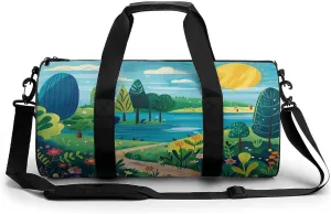 Gym Bag Men & Women Sport Gym Fitness Tote Cylindrical Rural Landscape Painting Printed Waterproof Shoulder