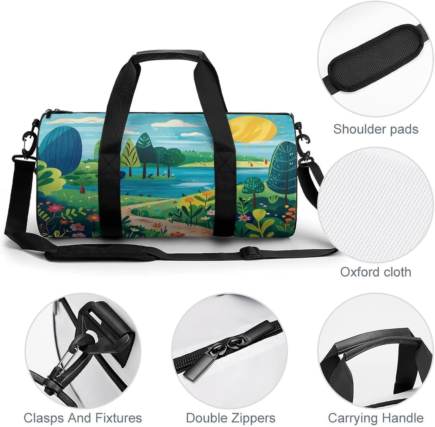 Gym Bag Men & Women Sport Gym Fitness Tote Cylindrical Rural Landscape Painting Printed Waterproof Shoulder