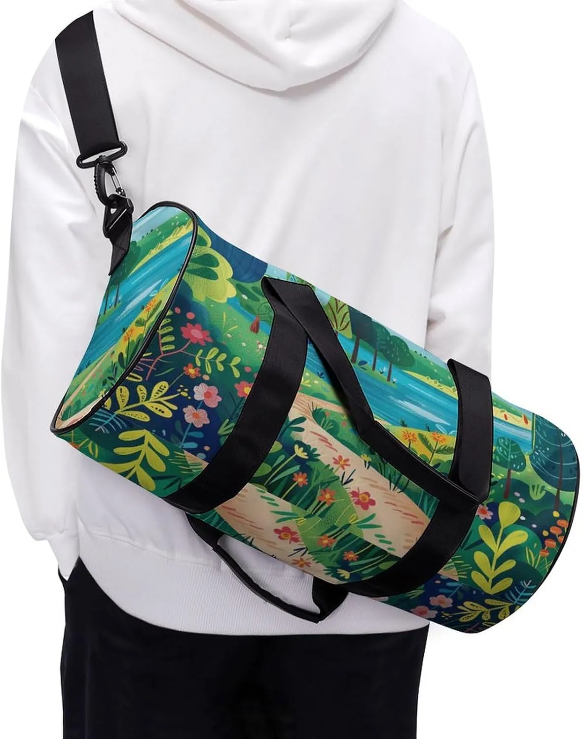 Gym Bag Men & Women Sport Gym Fitness Tote Cylindrical Rural Landscape Painting Printed Waterproof Shoulder
