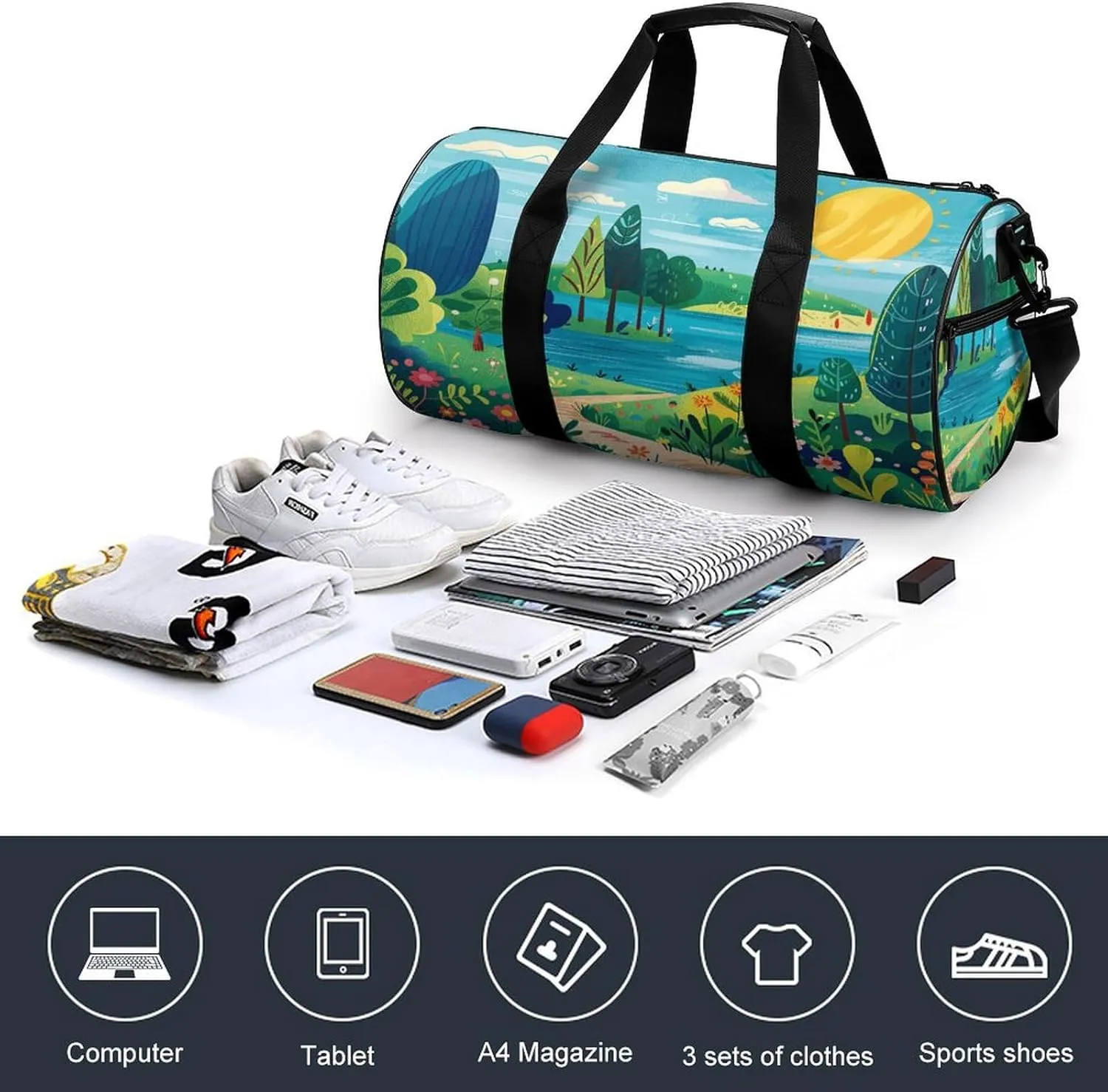 Gym Bag Men & Women Sport Gym Fitness Tote Cylindrical Rural Landscape Painting Printed Waterproof Shoulder
