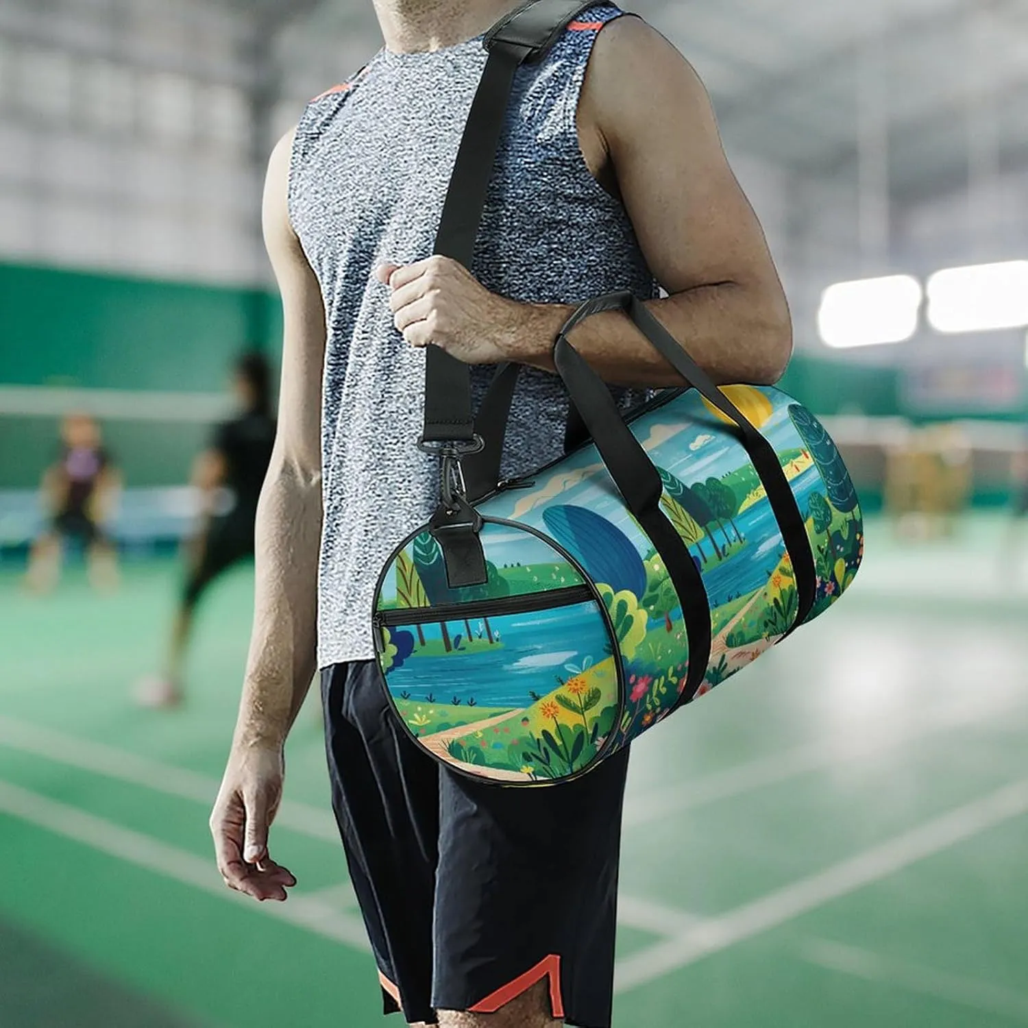 Gym Bag Men & Women Sport Gym Fitness Tote Cylindrical Rural Landscape Painting Printed Waterproof Shoulder