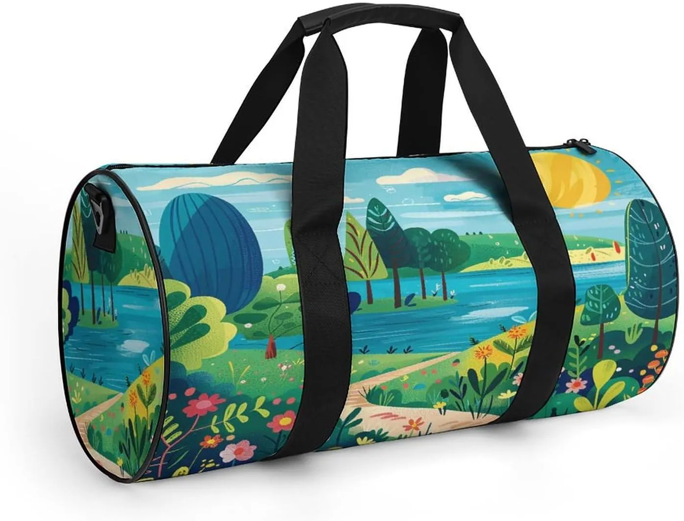 Gym Bag Men & Women Sport Gym Fitness Tote Cylindrical Rural Landscape Painting Printed Waterproof Shoulder