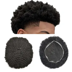 Hair Units for Black Mens Afro Toupee Curly Human Hair Replacement Full Lace Mens Hairpiece System Coily Hair Piece Men Weave Units (1# Jet Black, 8MM Afro Wavy)