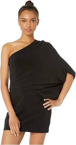 HALSTON One Shoulder Asymmetrical Sleeve Dress Black 2