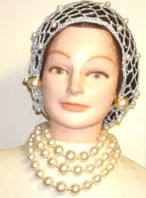Hand Crocheted White Rayon Cotton Adio Gimp Large Snood Trimmed with Cultured Ivory Pearls for Women