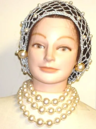 Hand Crocheted White Rayon Cotton Adio Gimp Large Snood Trimmed with Cultured Ivory Pearls for Women