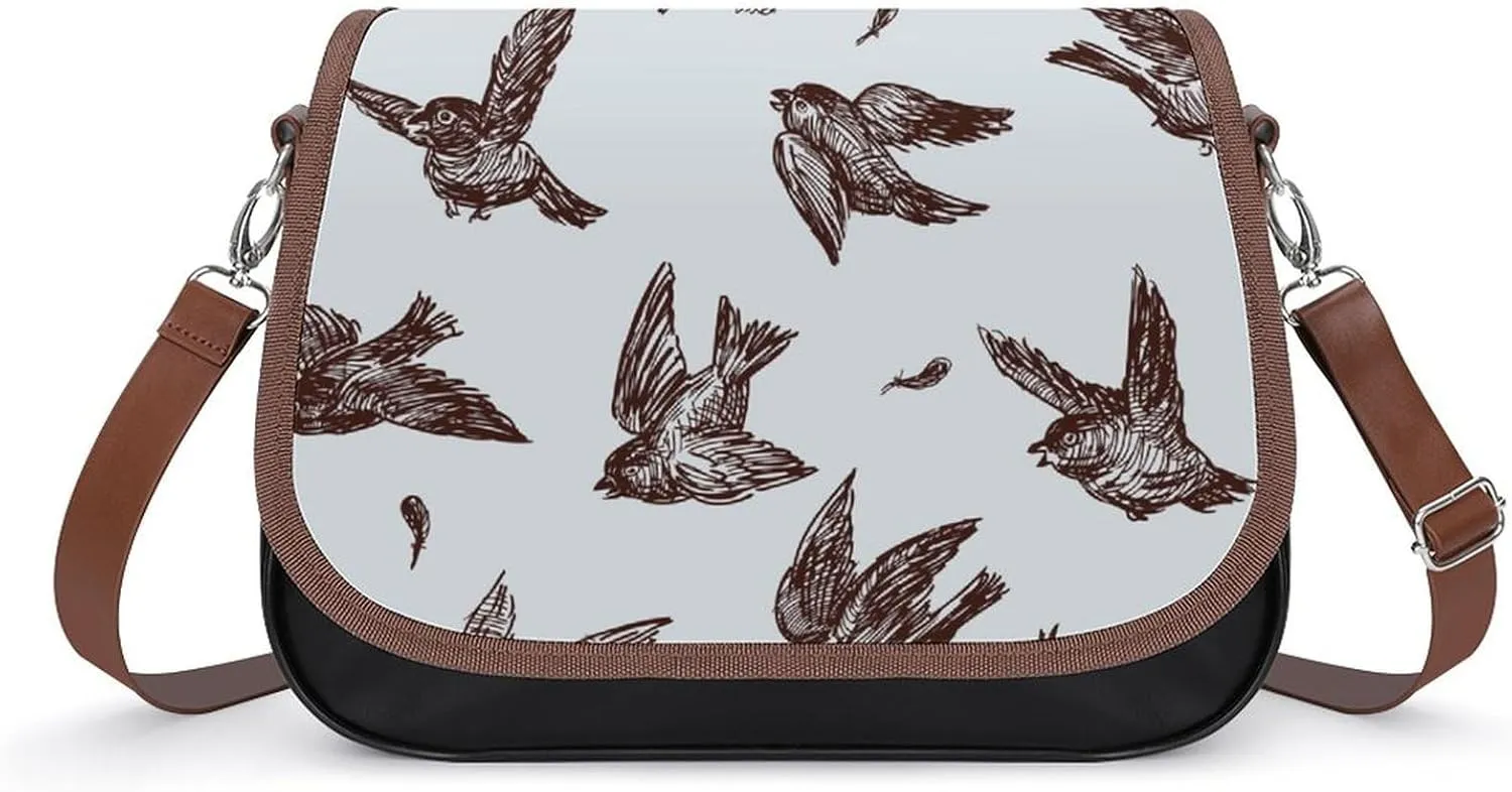 Hand Drawn Fighting Sparrows Trendy Crossbody Bags Purses for Women Casual Shoulder Handbags with Adjustable Wide Strap
