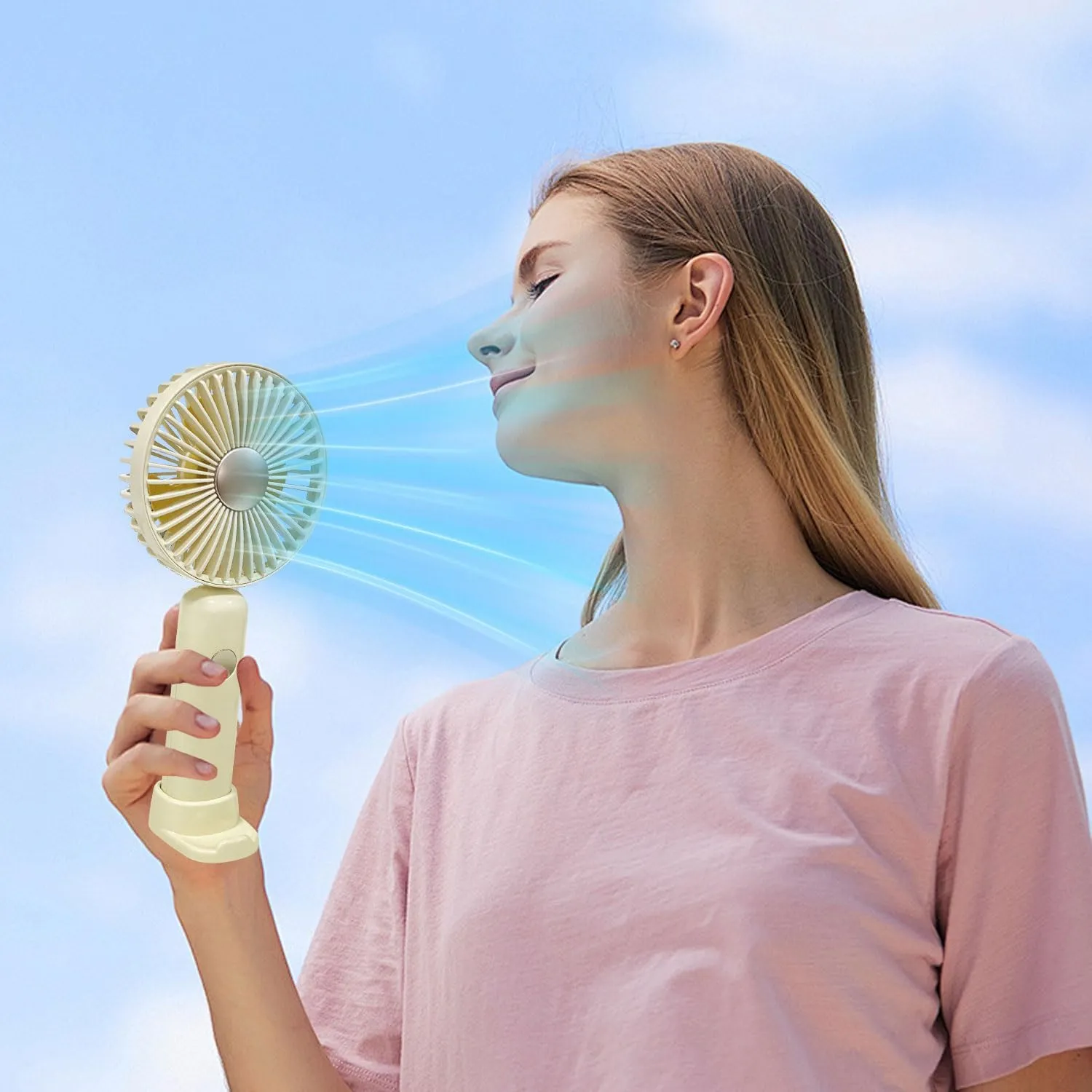 Handheld Fan, 6 Speed Personal Handheld and Desktop with Base, Lightweight USB Rechargeable for Travel Indoor Outdoor (White)