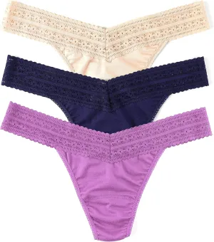 hanky panky - Dreamease Original Rise Thongs for Women | Lacy Lingerie, Eco Friendly Cotton Panties | One Size 4-14 | 3 Pack