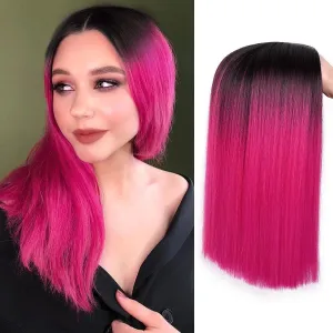 HANNE Ombre Hot Pink Wig Straitht Hair Bob Wig Short Straight Hair Pink Ombre Wig for Women Shoulder Length Heat Rsistant Synthetic Bob Wig for Daily or Party Use (Black to Pink)