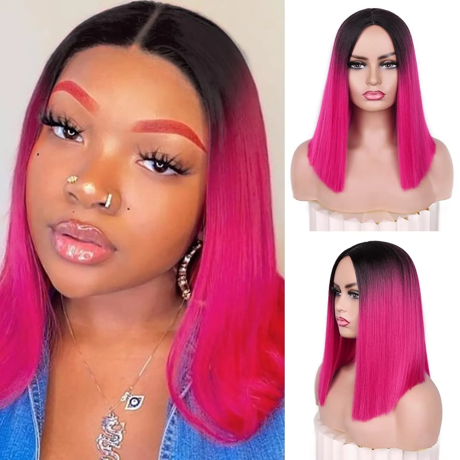 HANNE Ombre Hot Pink Wig Straitht Hair Bob Wig Short Straight Hair Pink Ombre Wig for Women Shoulder Length Heat Rsistant Synthetic Bob Wig for Daily or Party Use (Black to Pink)