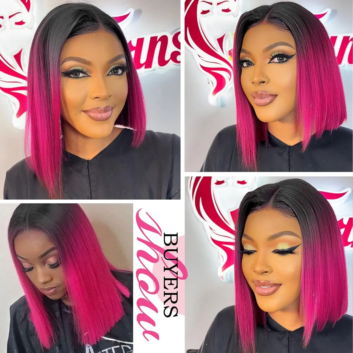 HANNE Ombre Hot Pink Wig Straitht Hair Bob Wig Short Straight Hair Pink Ombre Wig for Women Shoulder Length Heat Rsistant Synthetic Bob Wig for Daily or Party Use (Black to Pink)