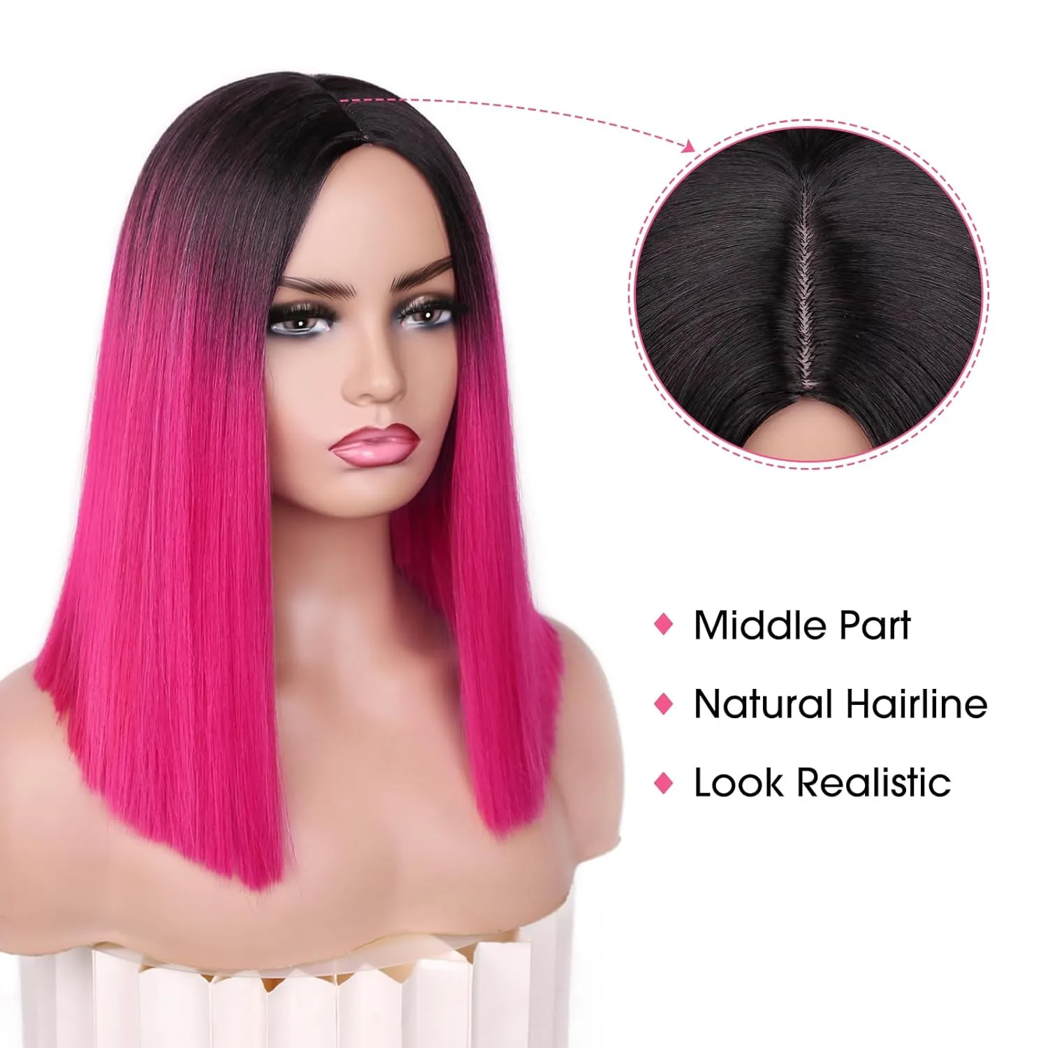 HANNE Ombre Hot Pink Wig Straitht Hair Bob Wig Short Straight Hair Pink Ombre Wig for Women Shoulder Length Heat Rsistant Synthetic Bob Wig for Daily or Party Use (Black to Pink)