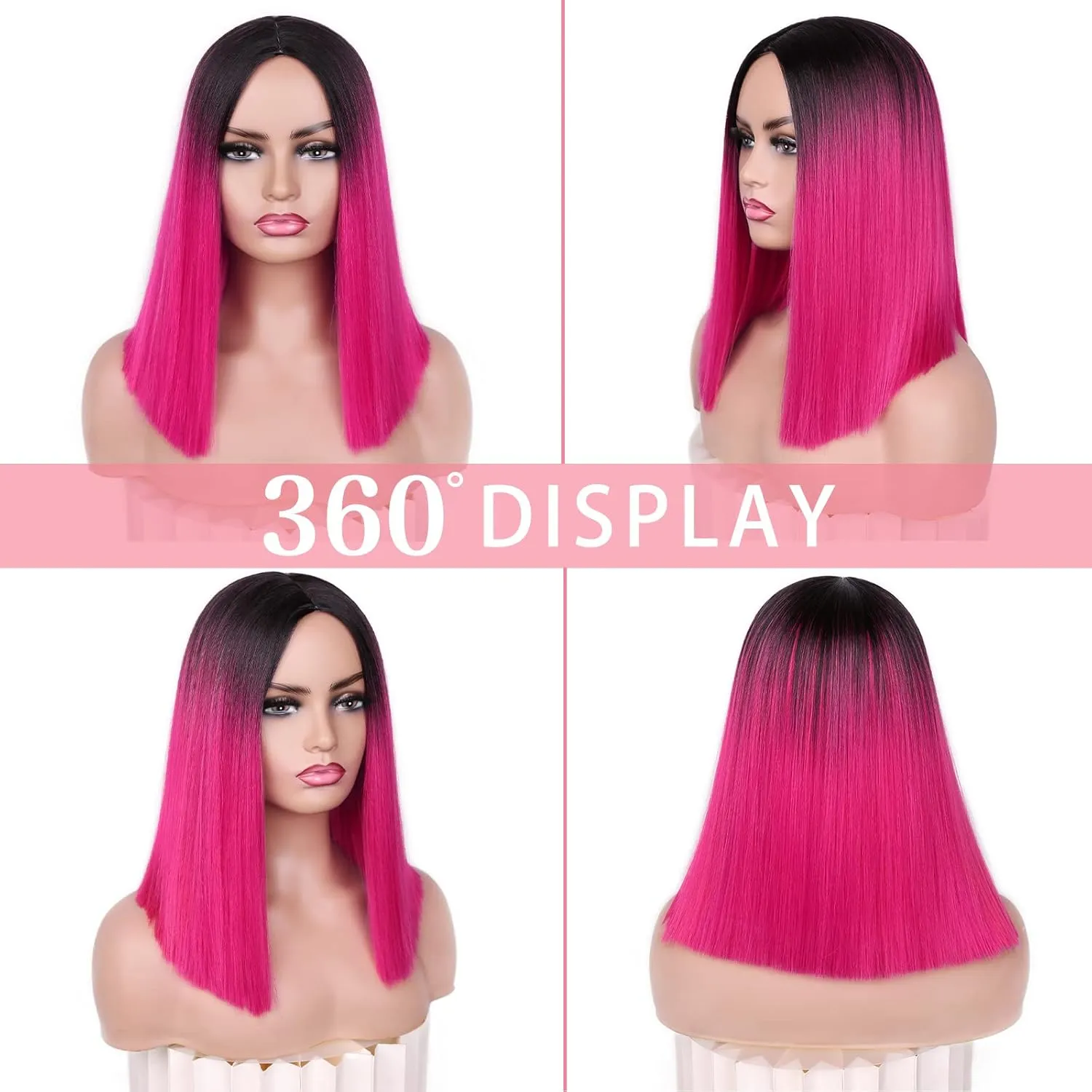 HANNE Ombre Hot Pink Wig Straitht Hair Bob Wig Short Straight Hair Pink Ombre Wig for Women Shoulder Length Heat Rsistant Synthetic Bob Wig for Daily or Party Use (Black to Pink)
