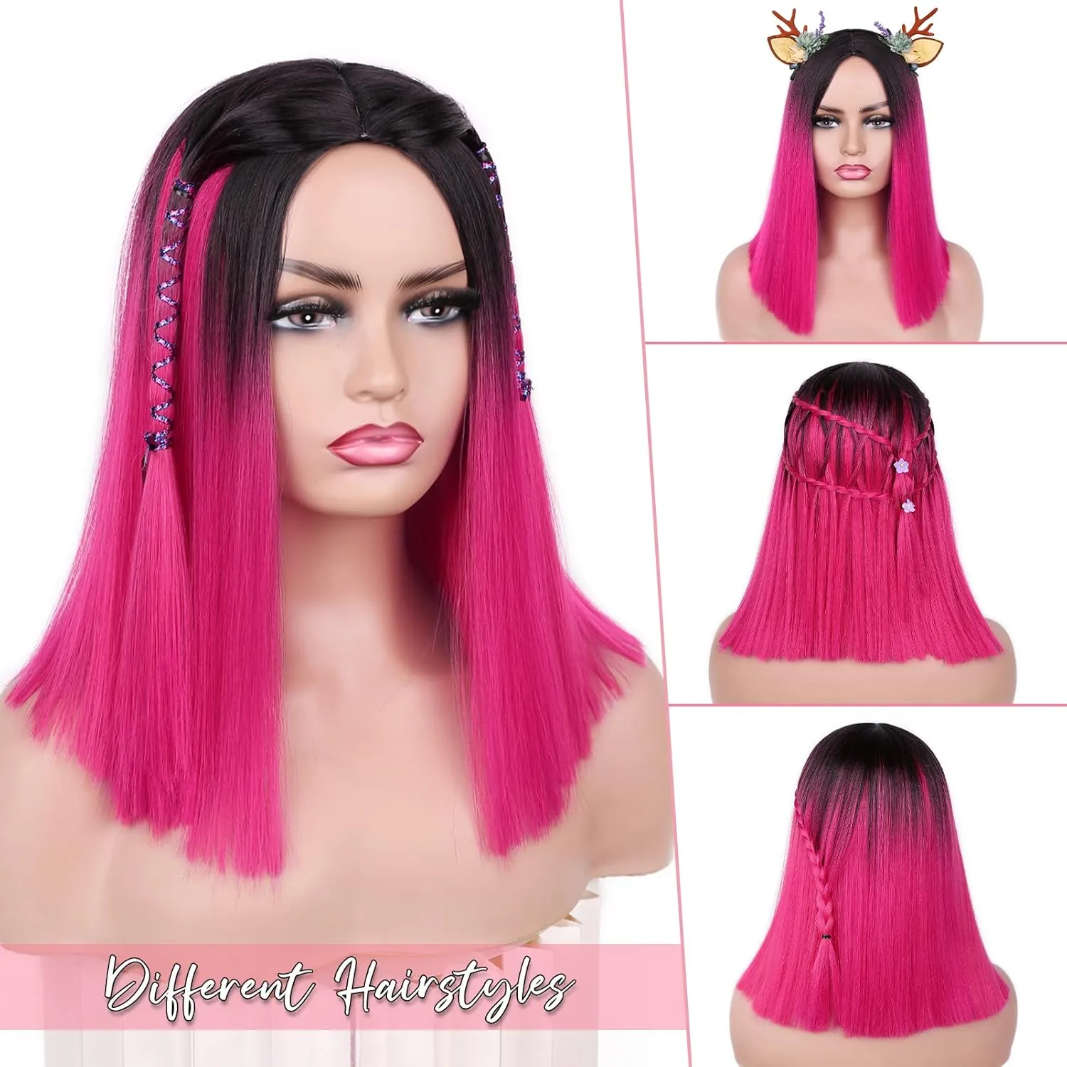 HANNE Ombre Hot Pink Wig Straitht Hair Bob Wig Short Straight Hair Pink Ombre Wig for Women Shoulder Length Heat Rsistant Synthetic Bob Wig for Daily or Party Use (Black to Pink)