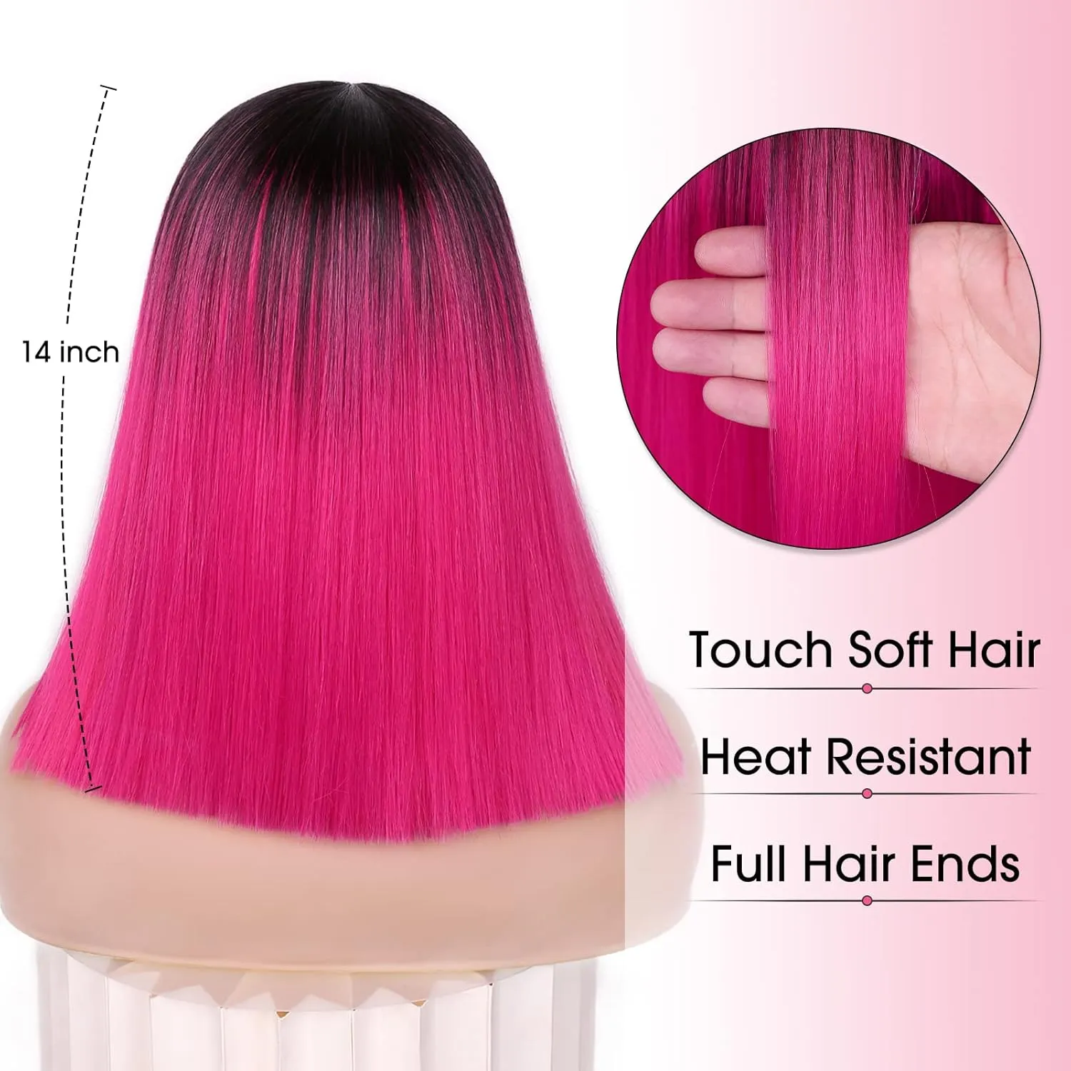 HANNE Ombre Hot Pink Wig Straitht Hair Bob Wig Short Straight Hair Pink Ombre Wig for Women Shoulder Length Heat Rsistant Synthetic Bob Wig for Daily or Party Use (Black to Pink)