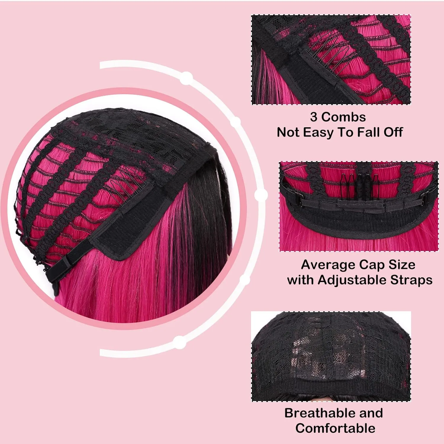 HANNE Ombre Hot Pink Wig Straitht Hair Bob Wig Short Straight Hair Pink Ombre Wig for Women Shoulder Length Heat Rsistant Synthetic Bob Wig for Daily or Party Use (Black to Pink)