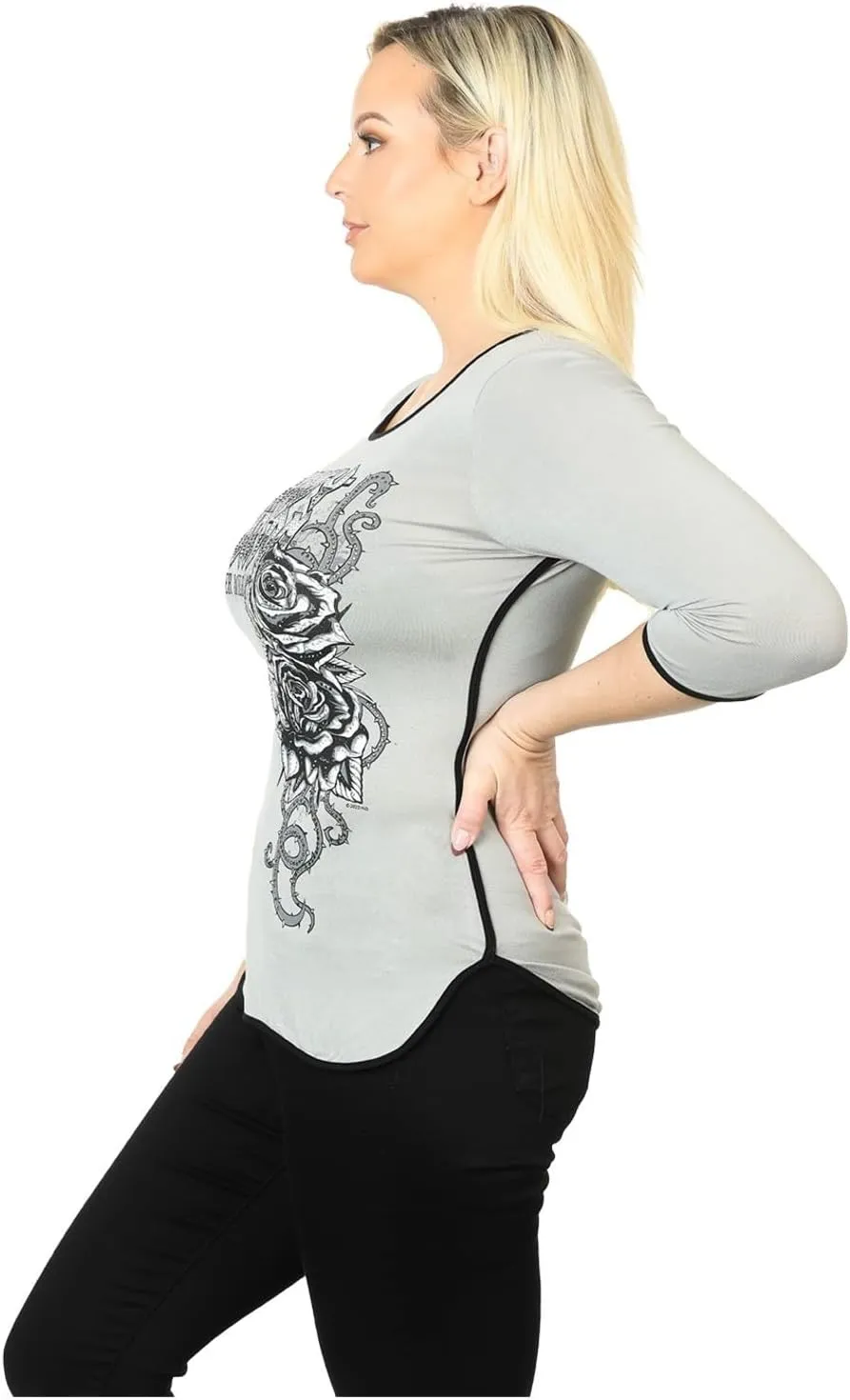 Harley-Davidson Women's Thorn Rose Forever Wild 3/4 Sleeve T-Shirt, Gray