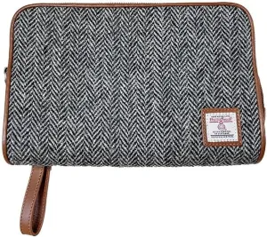 Harris Tweed Wool Leather Clutch Bag for Men Handbag Wrist Bag Business Large Purse Envelope Bag (Grey)
