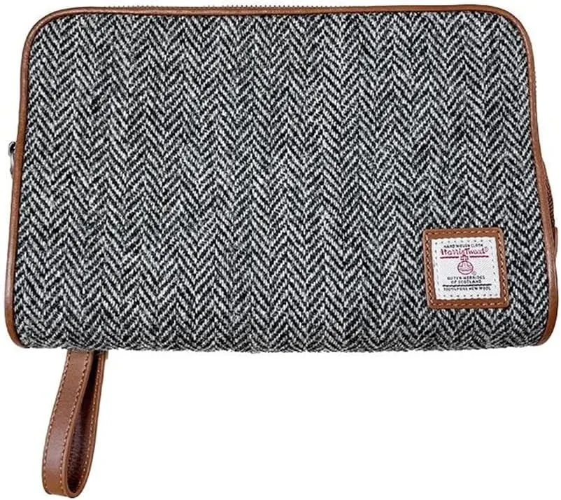 Harris Tweed Wool Leather Clutch Bag for Men Handbag Wrist Bag Business Large Purse Envelope Bag (Grey)