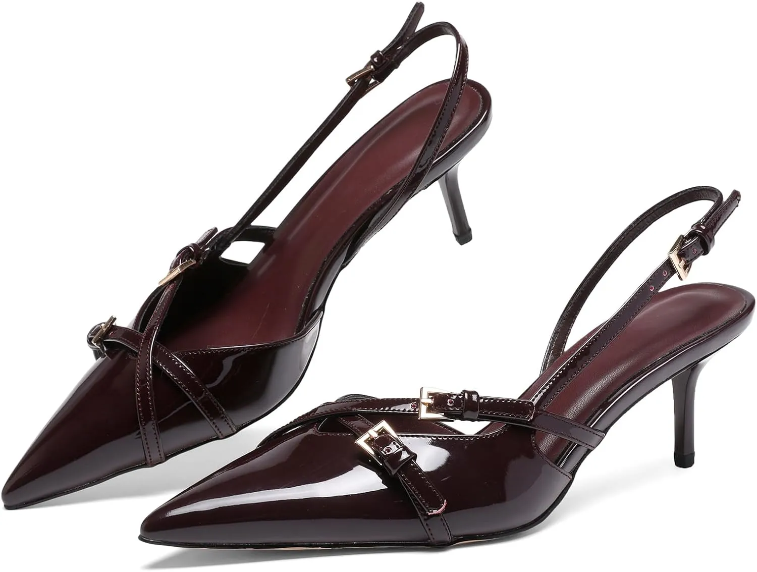 Heeled Slingback Kitten Heels for Women Closed Pointed Toe Pumps with Buckles