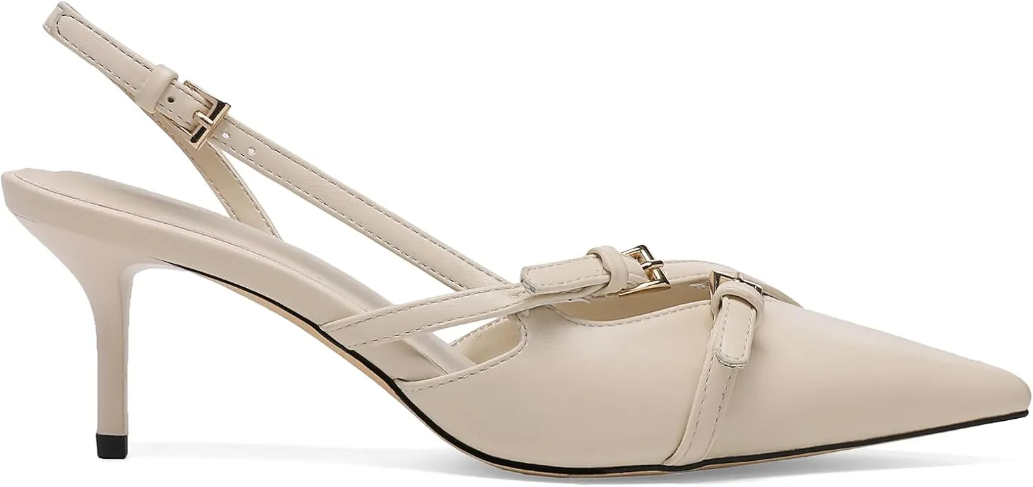 Heeled Slingback Kitten Heels for Women Closed Pointed Toe Pumps with Buckles