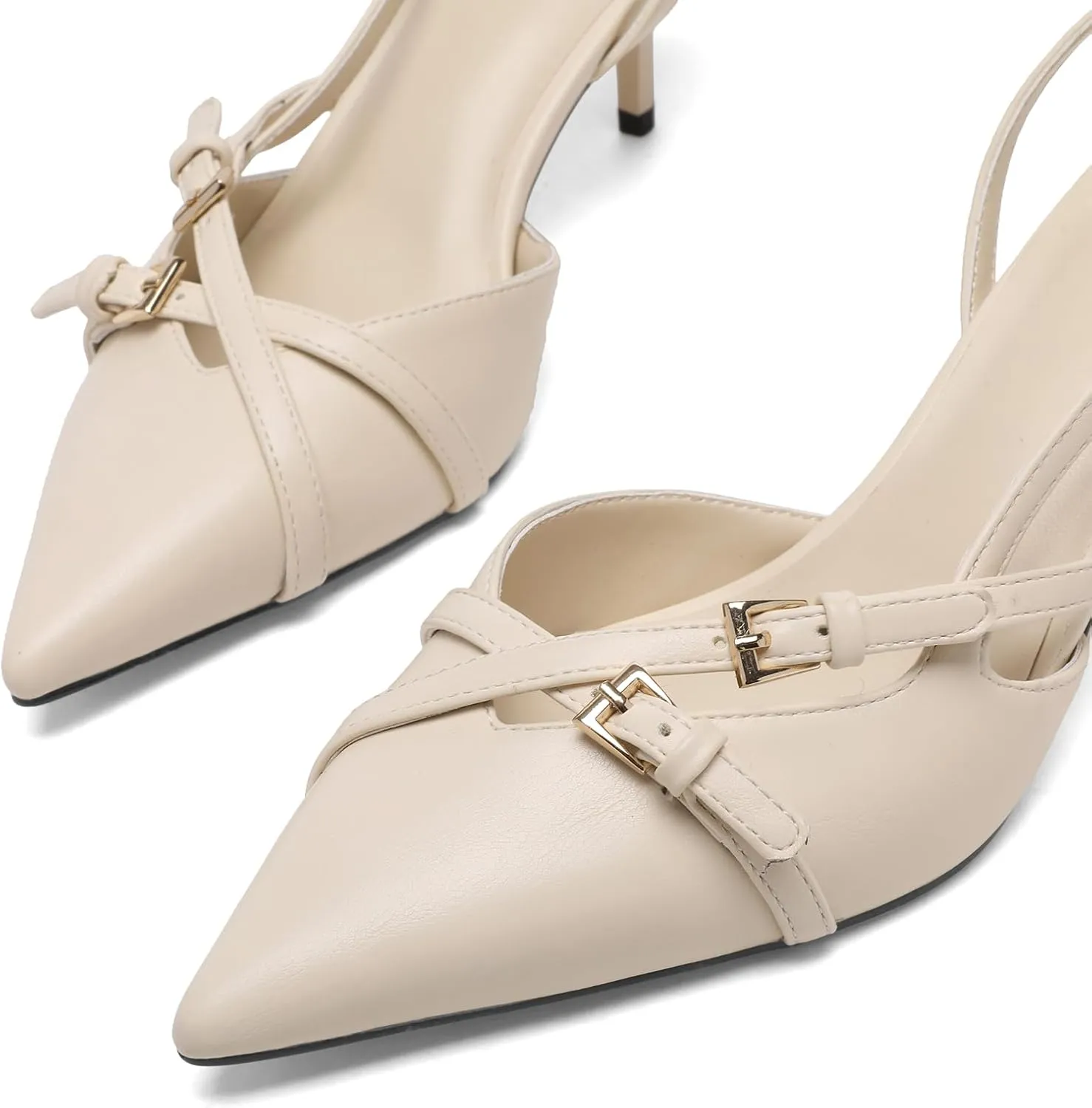 Heeled Slingback Kitten Heels for Women Closed Pointed Toe Pumps with Buckles