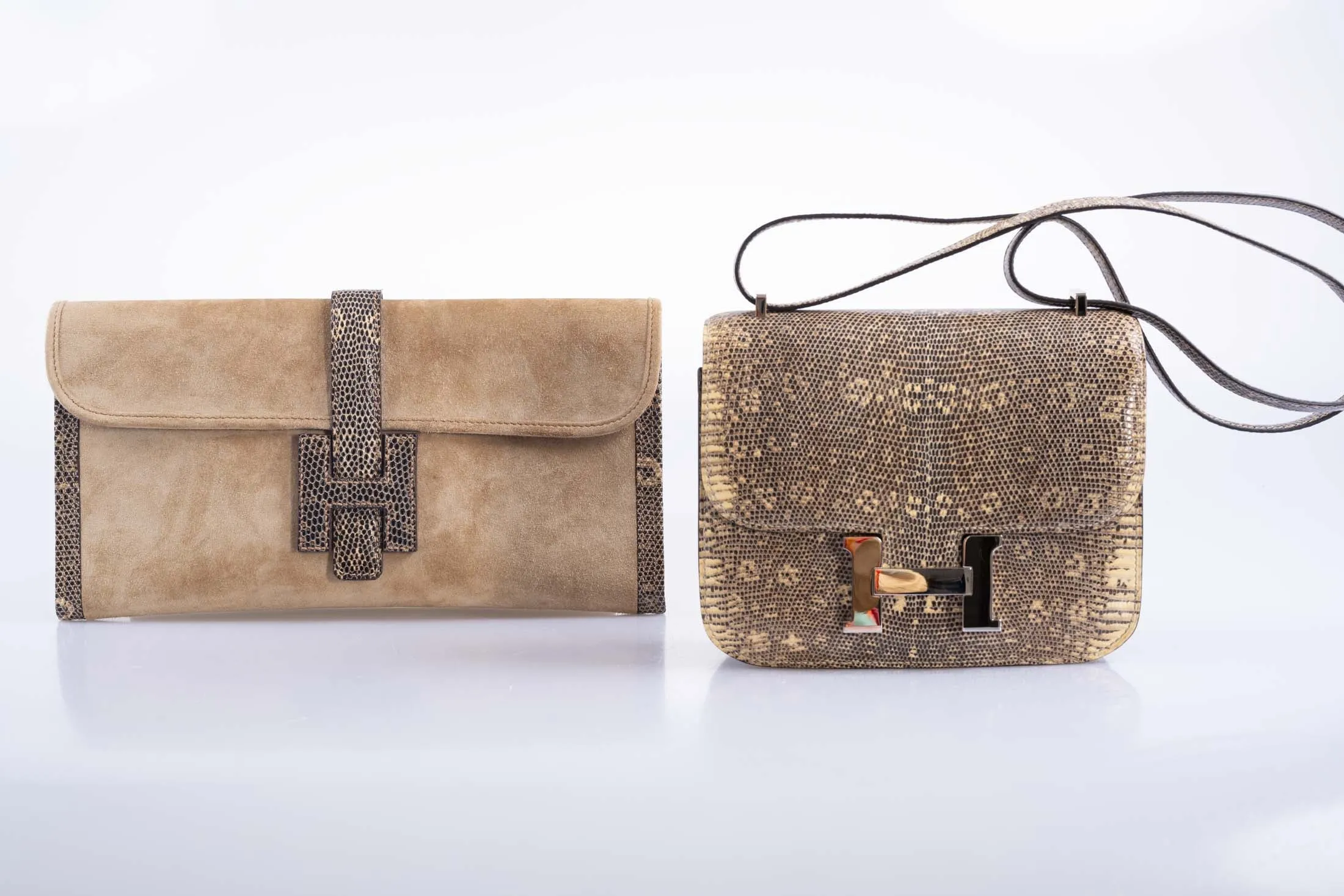 Hermès Jige Elan Clutch Sable Doblis Suede and Ombré Lizard