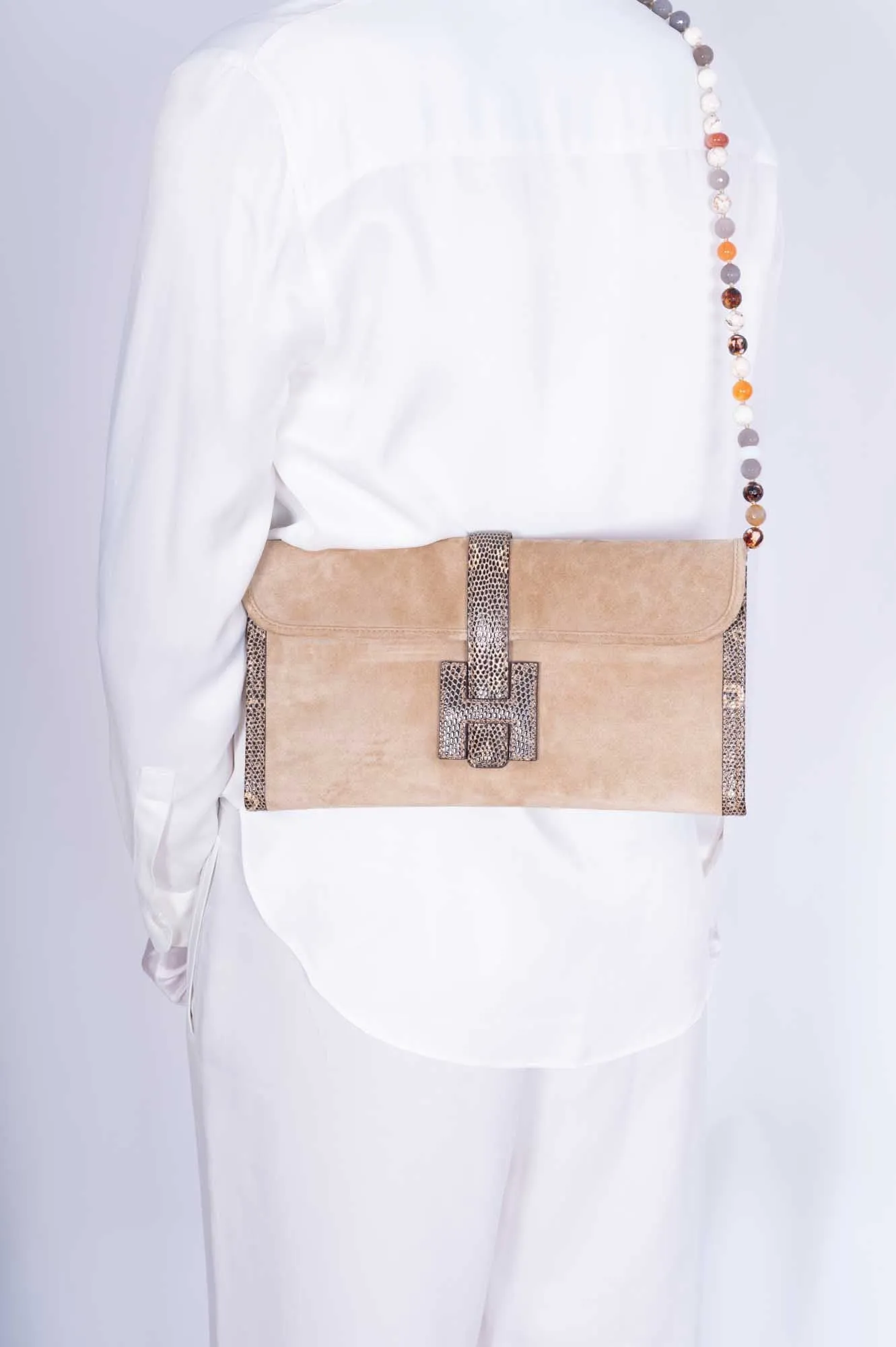 Hermès Jige Elan Clutch Sable Doblis Suede and Ombré Lizard