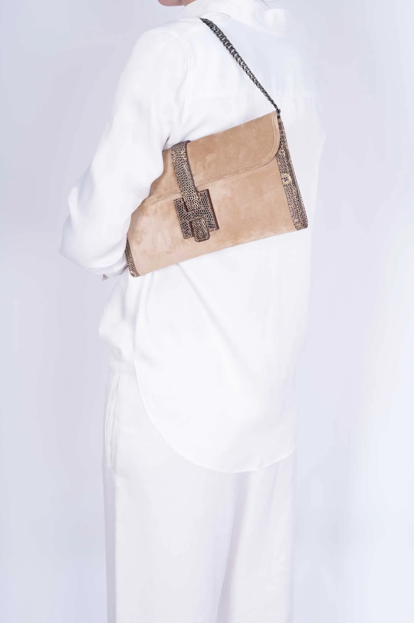 Hermès Jige Elan Clutch Sable Doblis Suede and Ombré Lizard