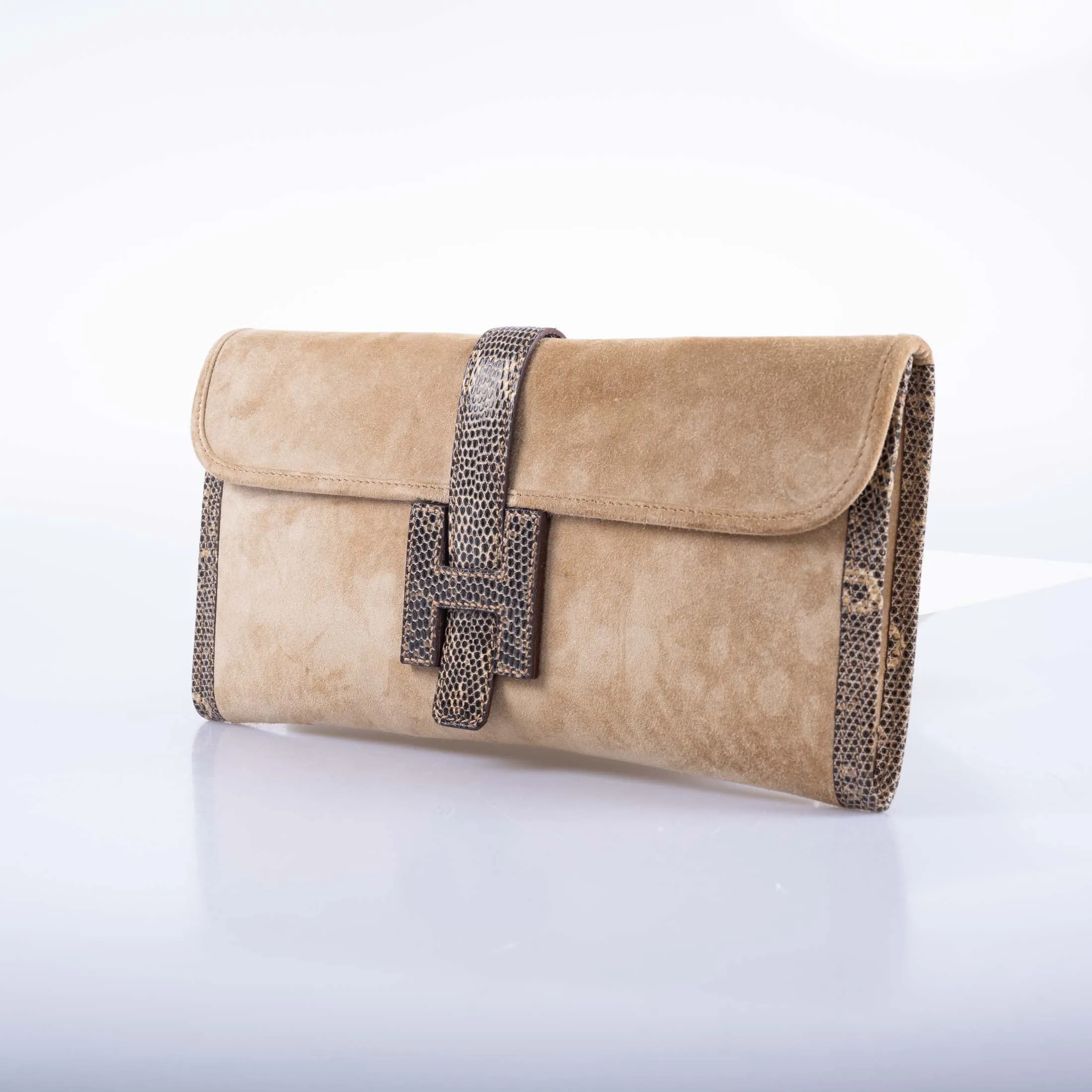 Hermès Jige Elan Clutch Sable Doblis Suede and Ombré Lizard