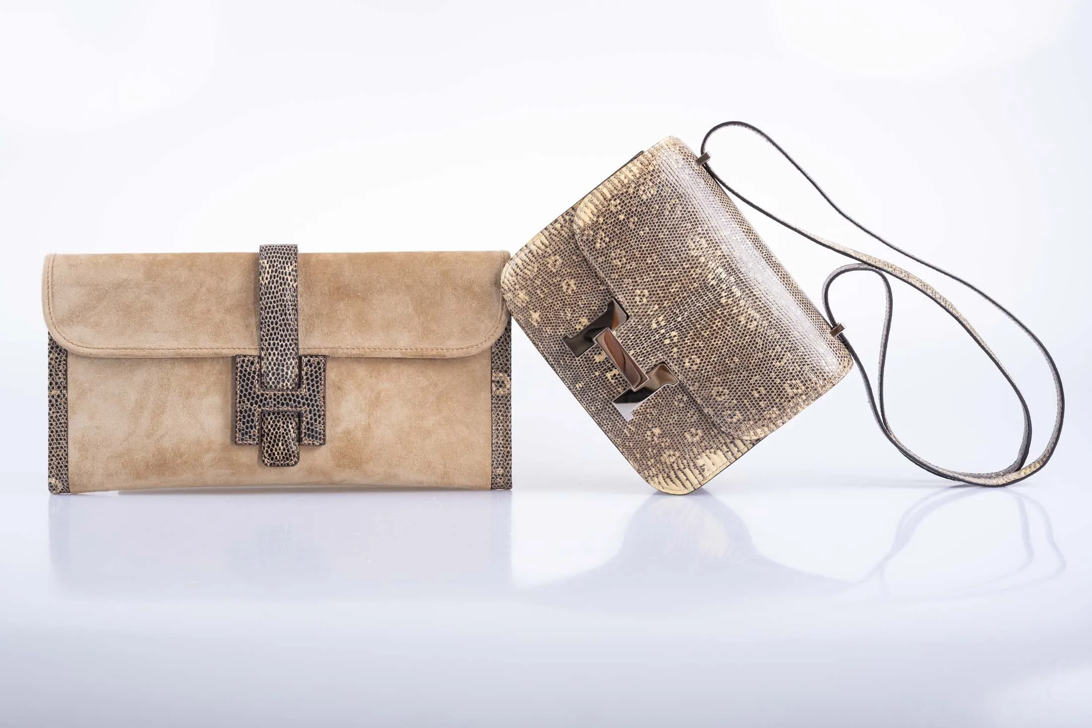 Hermès Jige Elan Clutch Sable Doblis Suede and Ombré Lizard