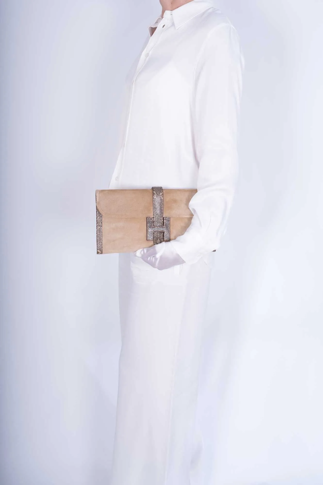 Hermès Jige Elan Clutch Sable Doblis Suede and Ombré Lizard