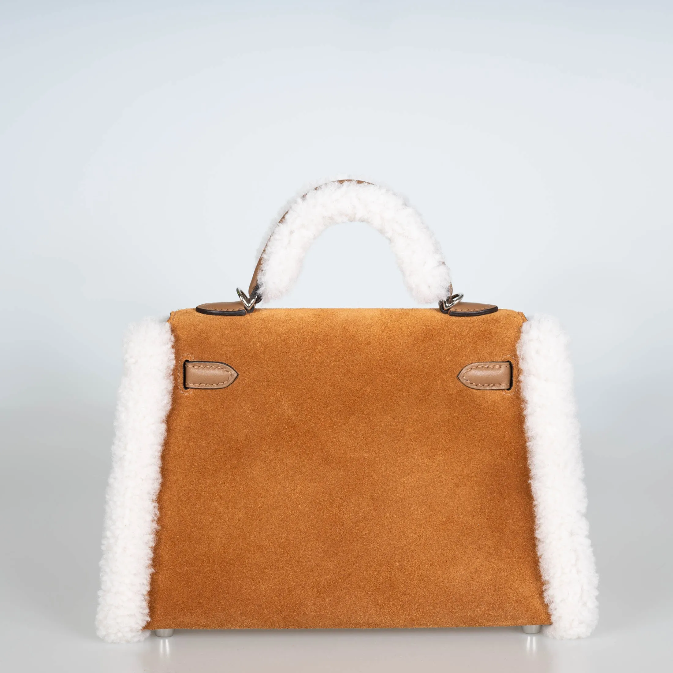 Hermès Teddy Mini Kelly 20 Chamois Grizzly, Alezan Swift and Ecru Mouton Shearling Palladium